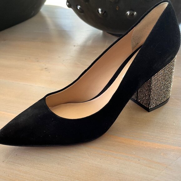 Karl Largerfeld Black Suede Rhinestone Block Heel Pumps - Picture 2 of 8